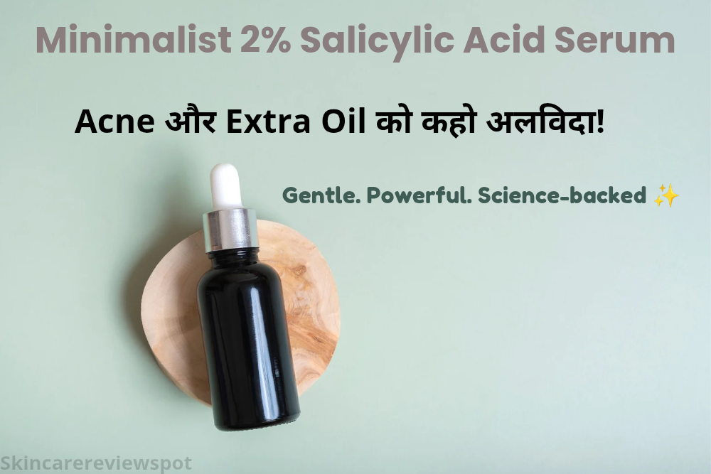Minimalist 2% Salicylic Acid Serum promotional graphic created using Canva template, featuring a dummy serum bottle on the side with bold heading and subheading about acne-prone skin and solution for breakouts. No real person or actual product image used.