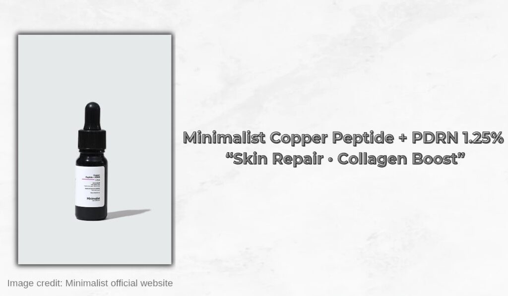Minimalist Copper Peptide + PDRN 1.25% Face Serum bottle on clean white background, glowing skin repair and collagen boost concept